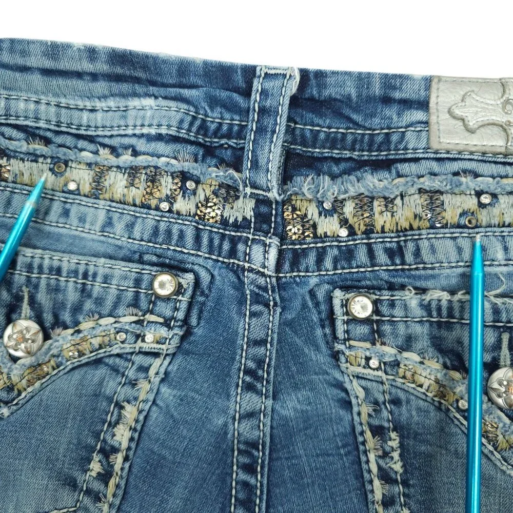 Miss Me Jeans Mid Rise Easy Boot Cut Faux Flap Size 30x29 READ Stretch Med Wash